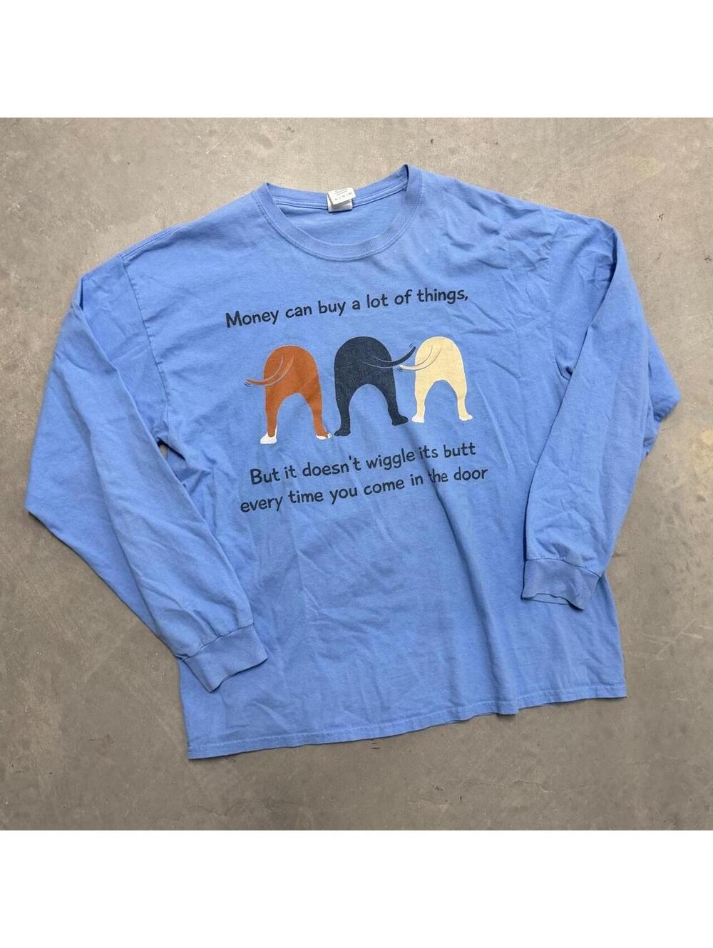 Y2K Funny Spellout Dog Blue Long Sleeve Men's Tee Sized XL